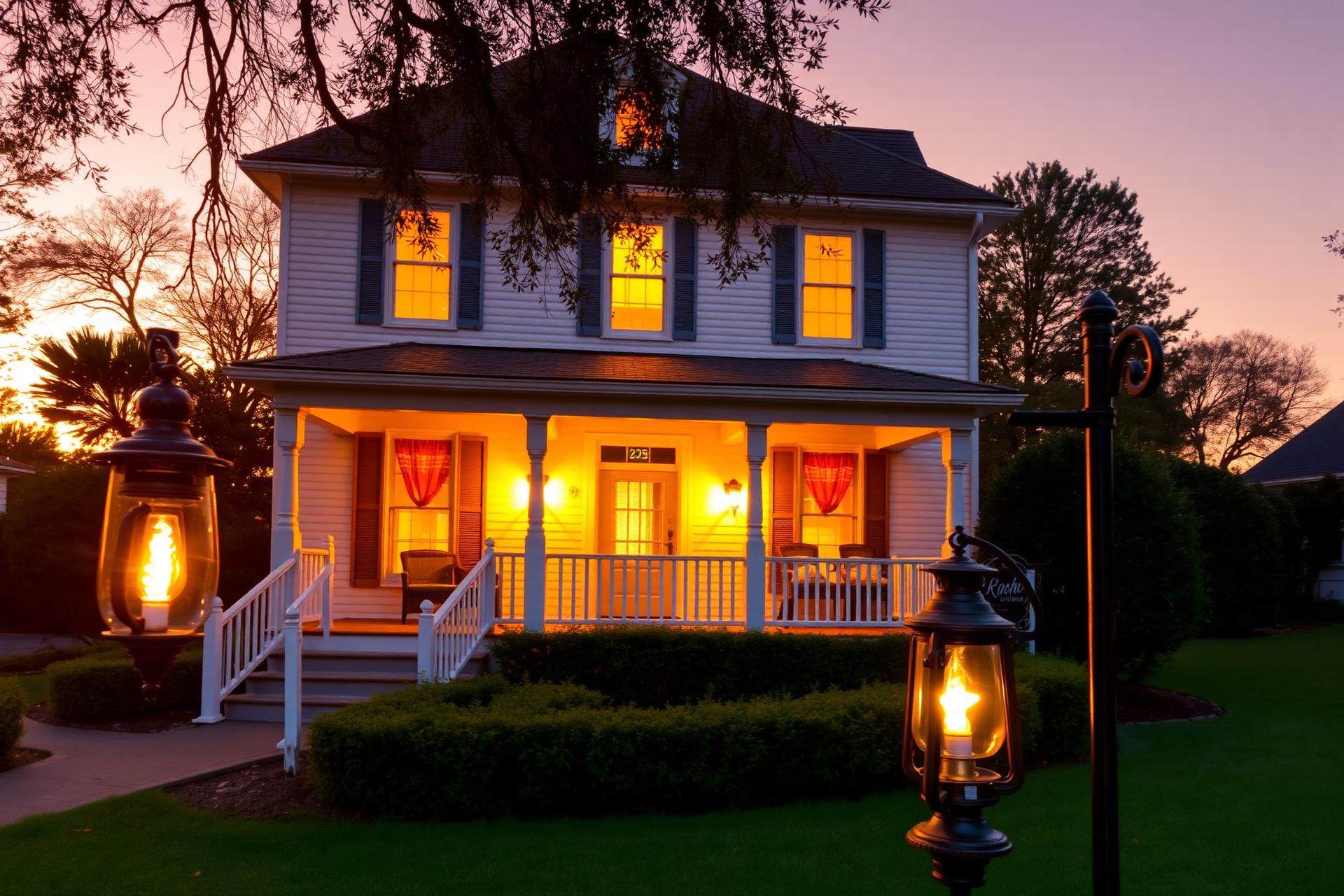 Welcoming home at sunset with glowing lamplight